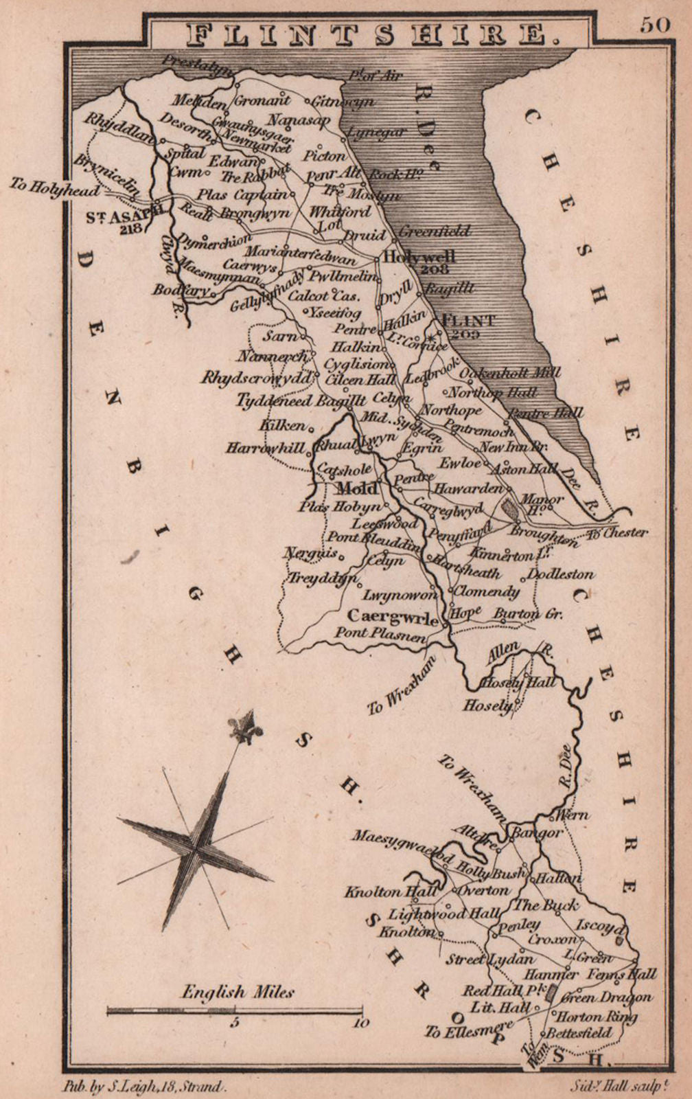 Flintshire miniature county map by Samuel Leigh / Sidney Hall c1820 old